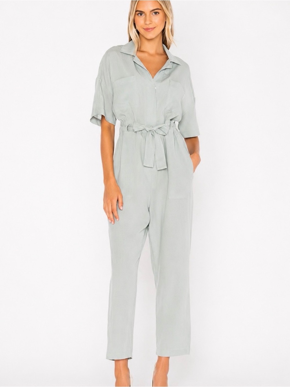 Astr Light Sage Short-Sleeve Tie-Waist Jumpsuit